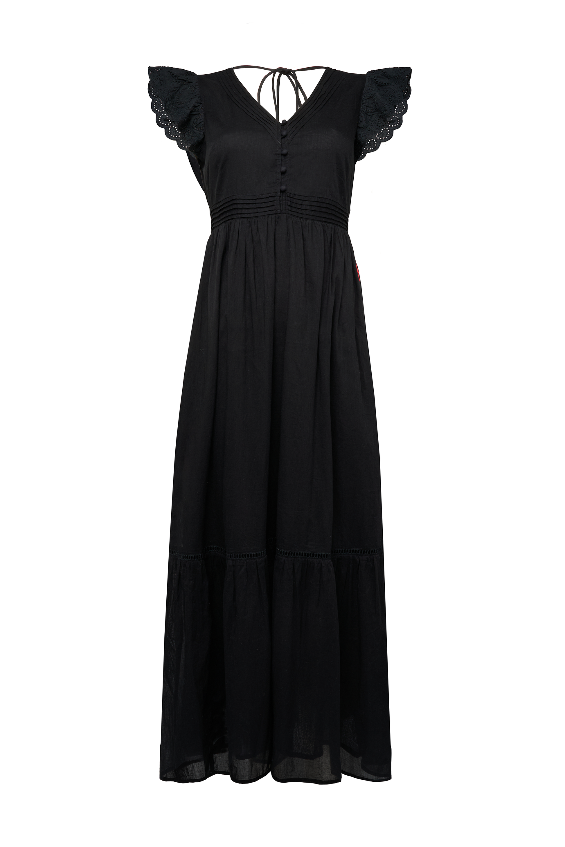 Black Broderie Sleeve Pintuck Midi Dress