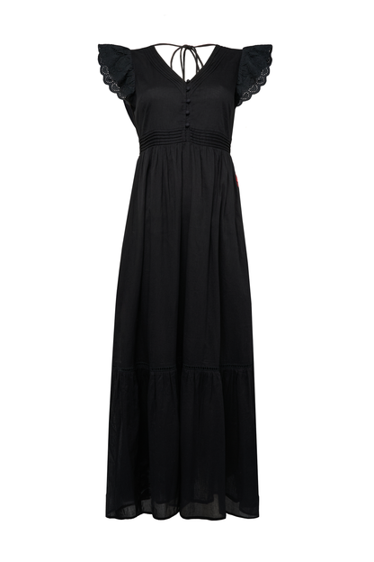 Black Broderie Sleeve Pintuck Midi Dress