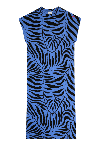 Blue with Black Palm Midi T-Shirt Dress