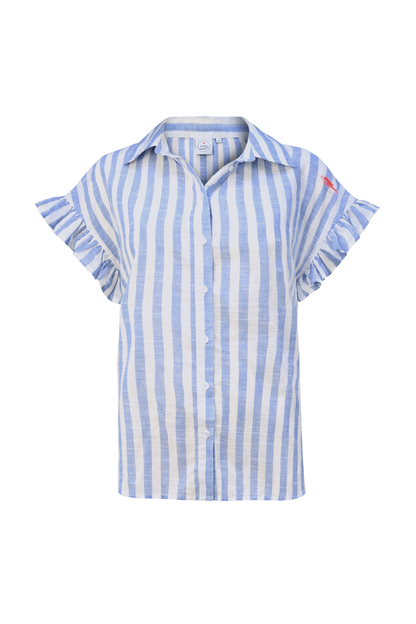 Blue and White Stripe Frill Sleeve Shirt