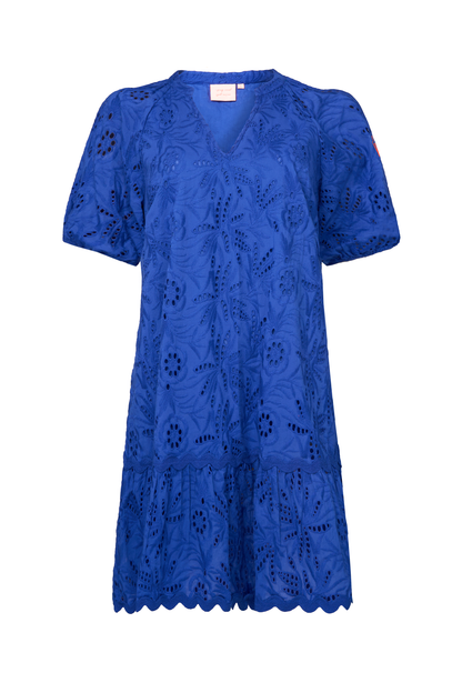 Blue V-Neck Broderie Short Dress