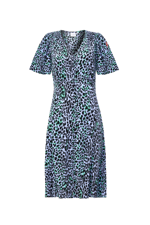 Blue with Black Leopard Angel Sleeve Short Tea Dress
