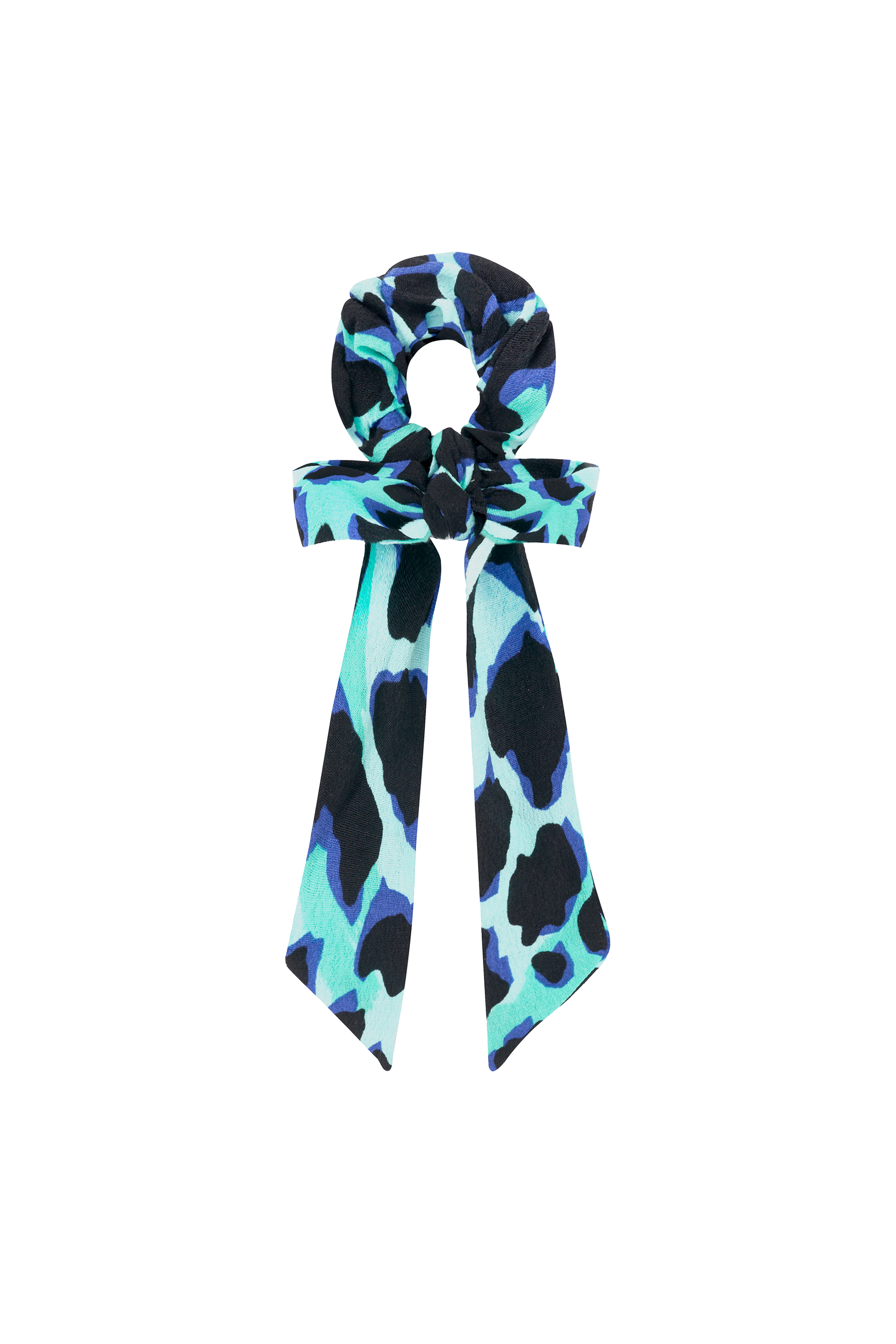 Turquoise with Black and Blue Shadow Leopard Surplus Fabric Bow Scrunchie
