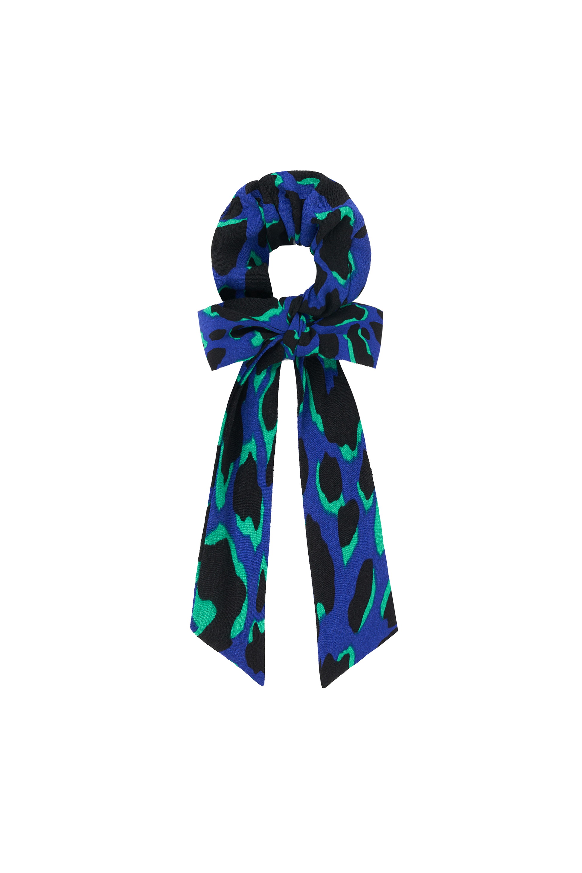Blue with Green and Black Shadow Leopard Surplus Fabric Bow Scrunchie