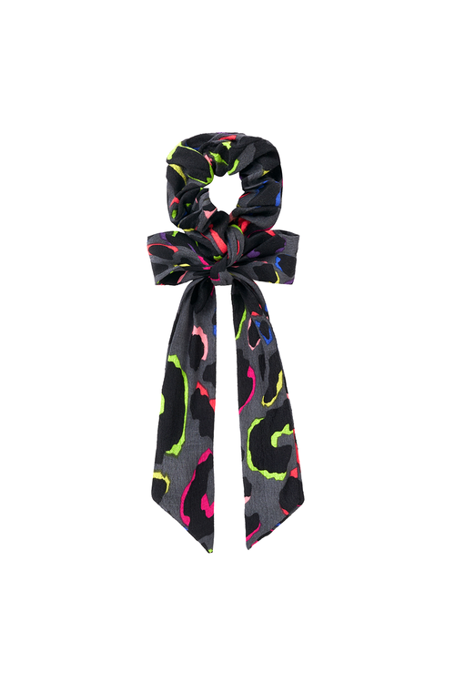 Grey with Rainbow Shadow Leopard Surplus Fabric Bow Scrunchie