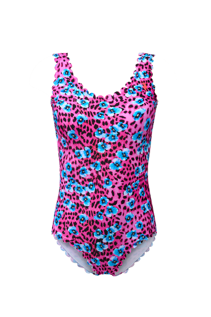 Bright Pink Paradise Cheetah Scallop Edge Swimsuit