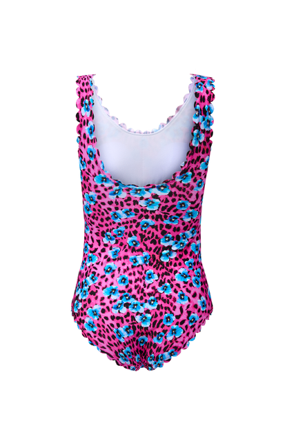 Bright Pink Paradise Cheetah Scallop Edge Swimsuit