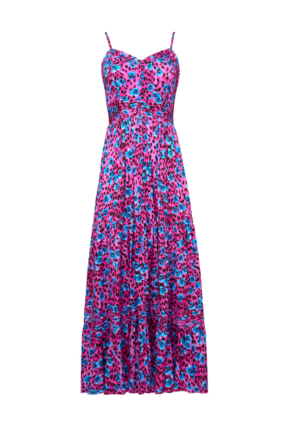 Bright Pink Paradise Cheetah Pintuck Midi Sundress