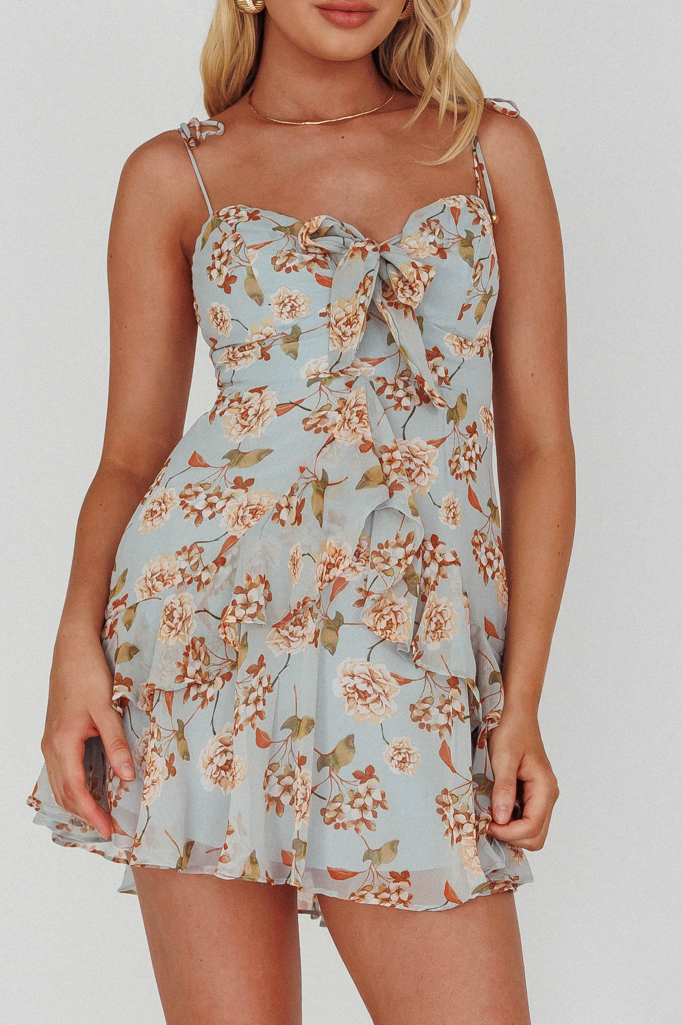 Flower Child Bust Tie Ruffle Trim Dress Roses Blue