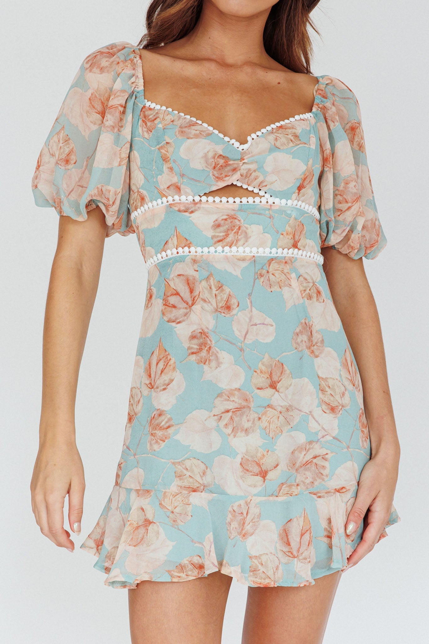 Catch Feelings Sweetheart Puff Sleeve Mini Dress Leaves Blue