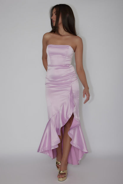 Diony Strapless Ruffle Hem Midi Dress Pink