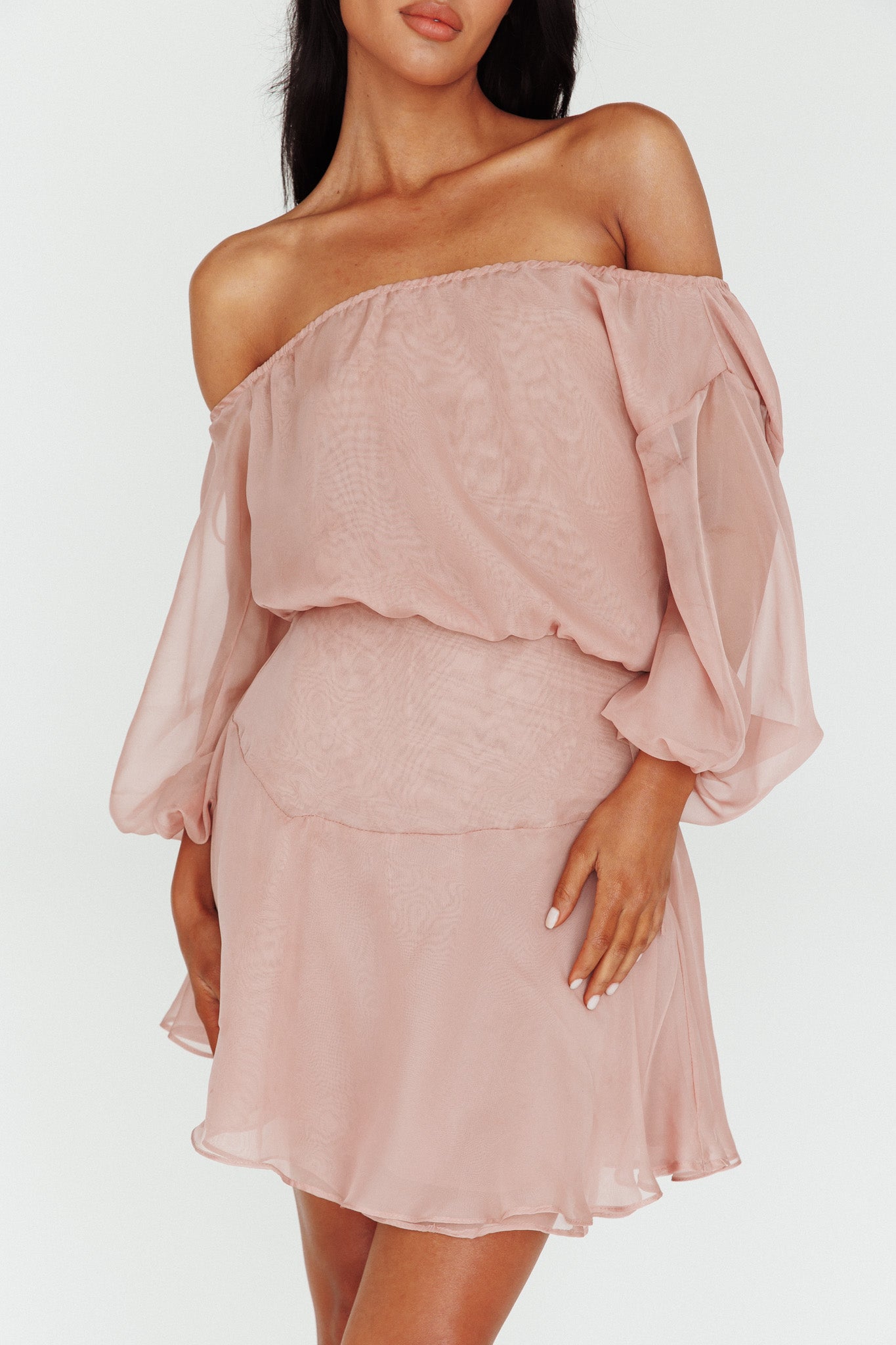 Mariona Off Shoulder Long Sleeve Mini Dress Blush