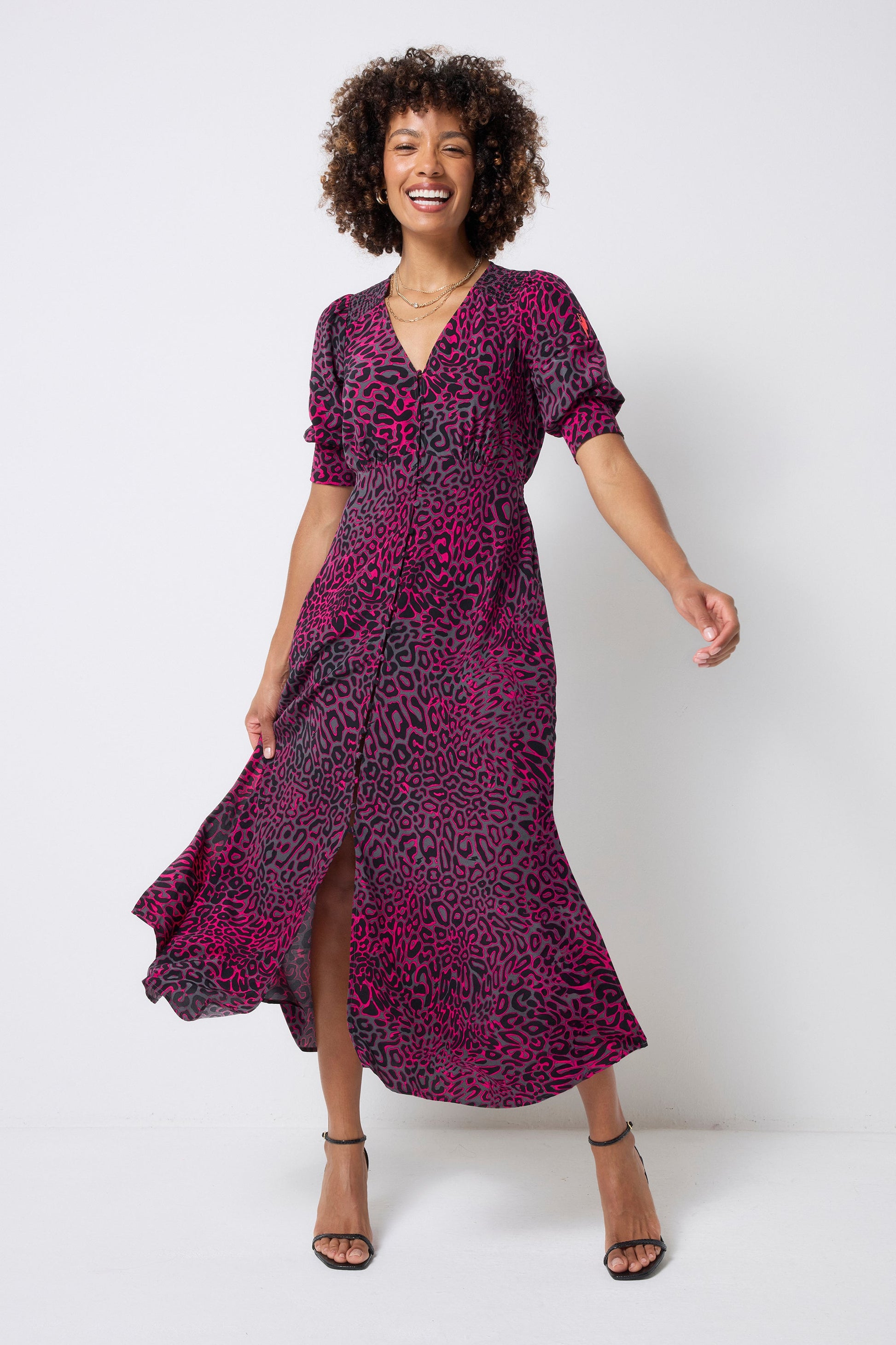 Grey with Pink Leopard Ray Blouson Sleeve Midi Tea Dress
