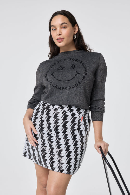 Black with White Lightning Bolt Sequin Mini Skirt