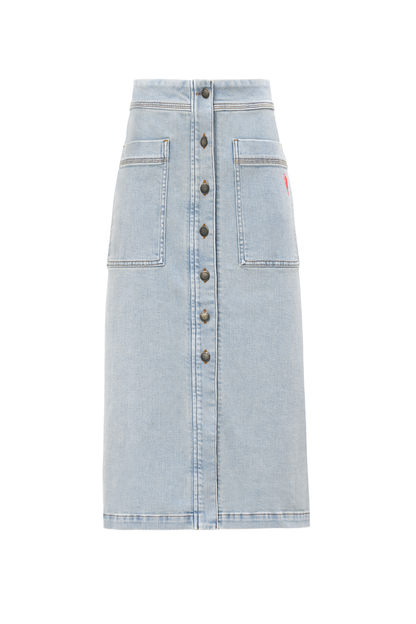 Pale Indigo Button Front A-Line Denim Midi Skirt