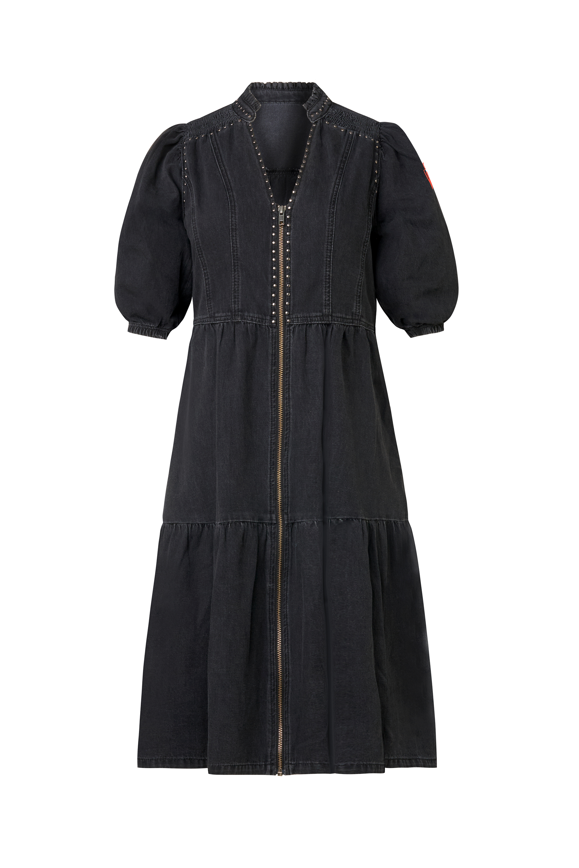 Washed Black Studded Zip Detail Tiered Short Denim Dress