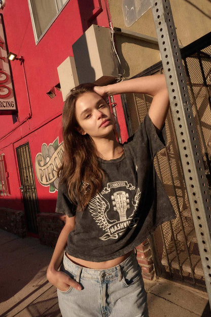 Nashville Angel Wings Guitar Cropped Graphic Tee