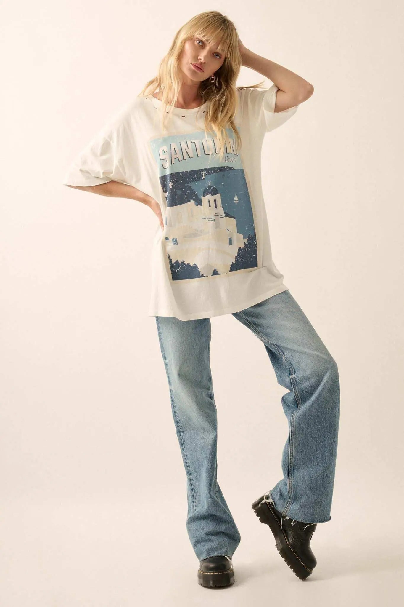 Santorini Travel Poster Distressed Graphic Tee