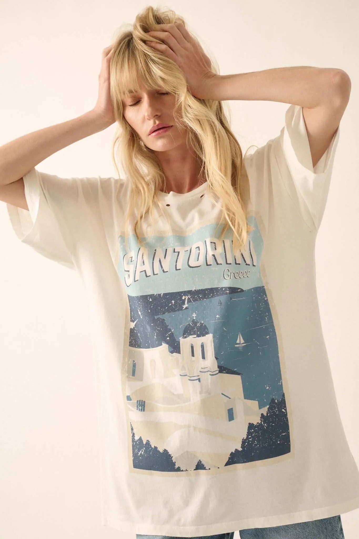 Santorini Travel Poster Distressed Graphic Tee