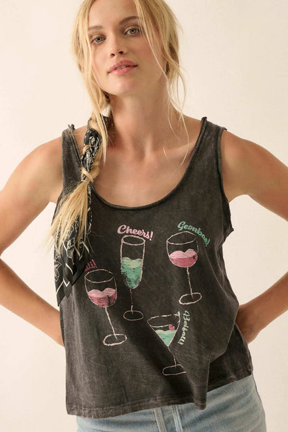 Raise a Glass Raw-Edge Graphic Tank Top