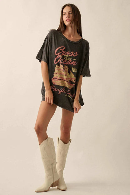 Sailing Ship Distressed Vintage-Wash Graphic Tee