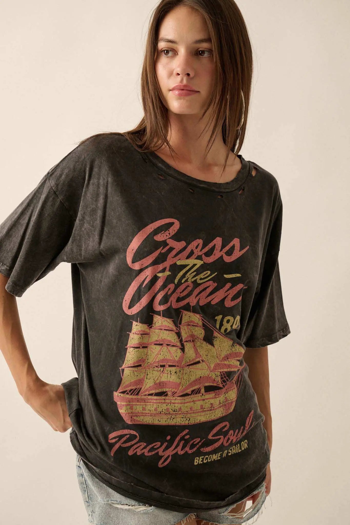 Sailing Ship Distressed Vintage-Wash Graphic Tee