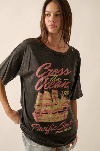 Sailing Ship Distressed Vintage-Wash Graphic Tee