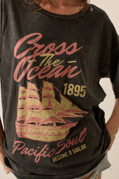 Sailing Ship Distressed Vintage-Wash Graphic Tee