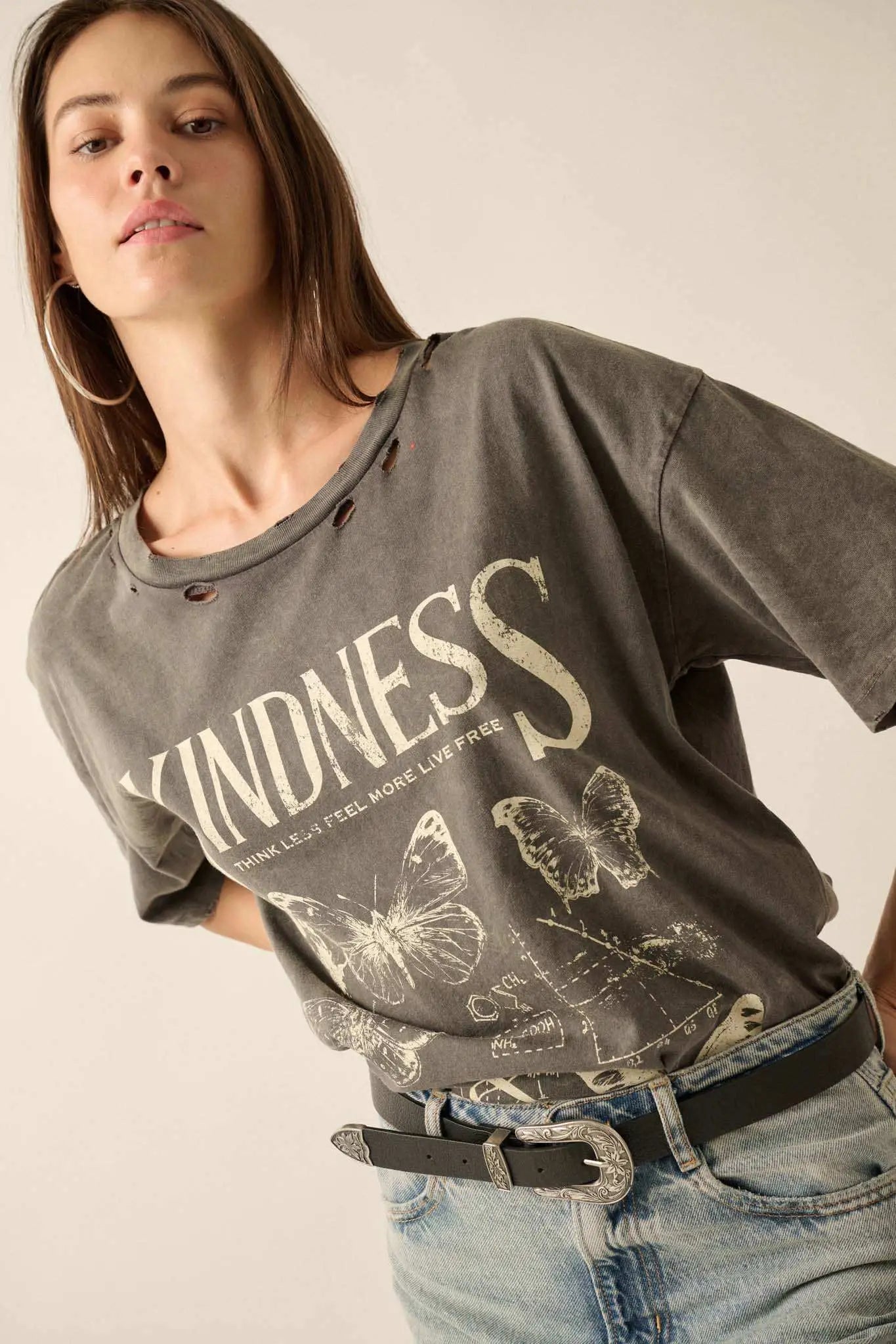 Butterfly Kindness Distressed Oversize Graphic Tee