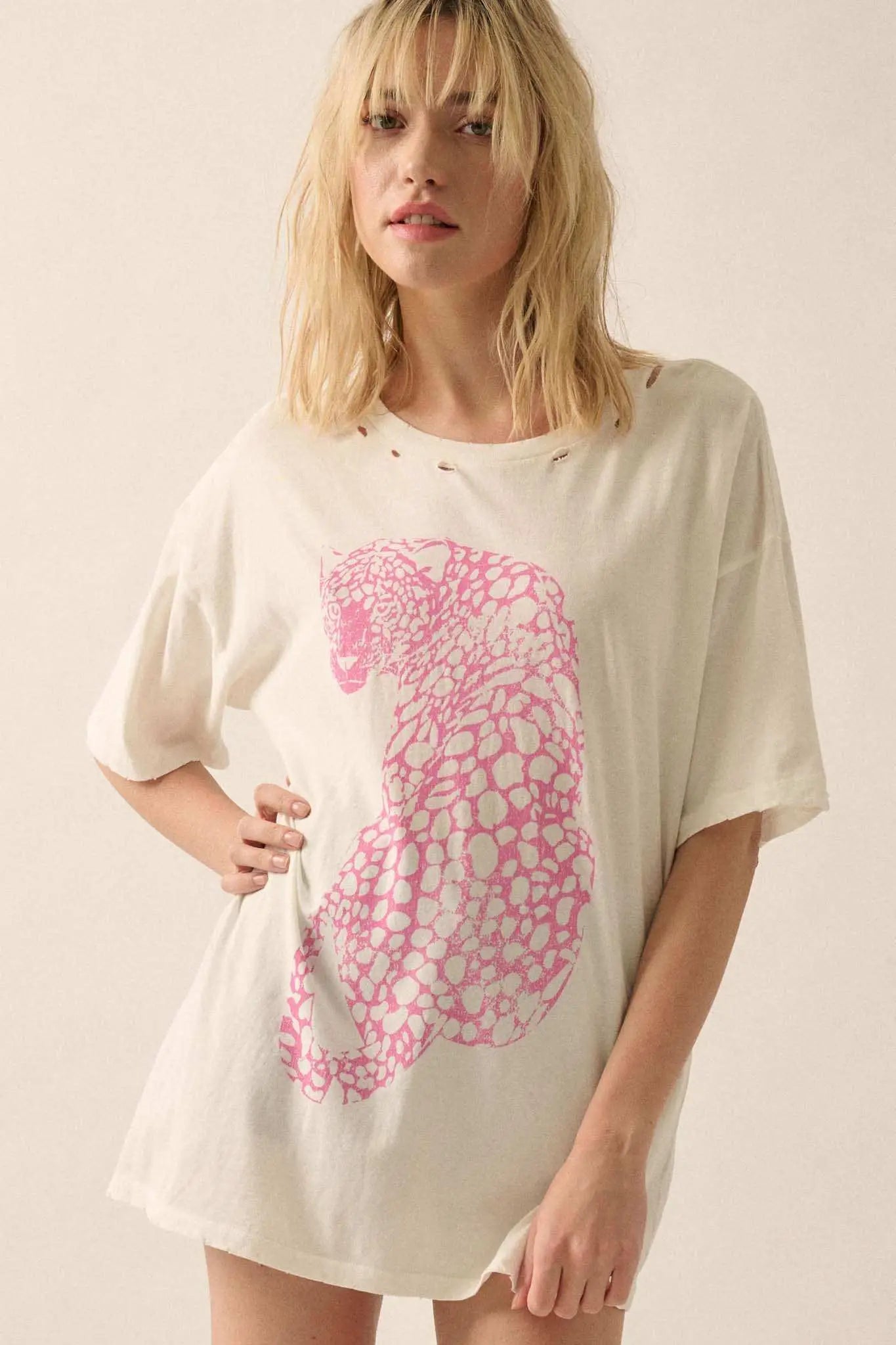 Pink Leopard Distressed Oversize Graphic Tee