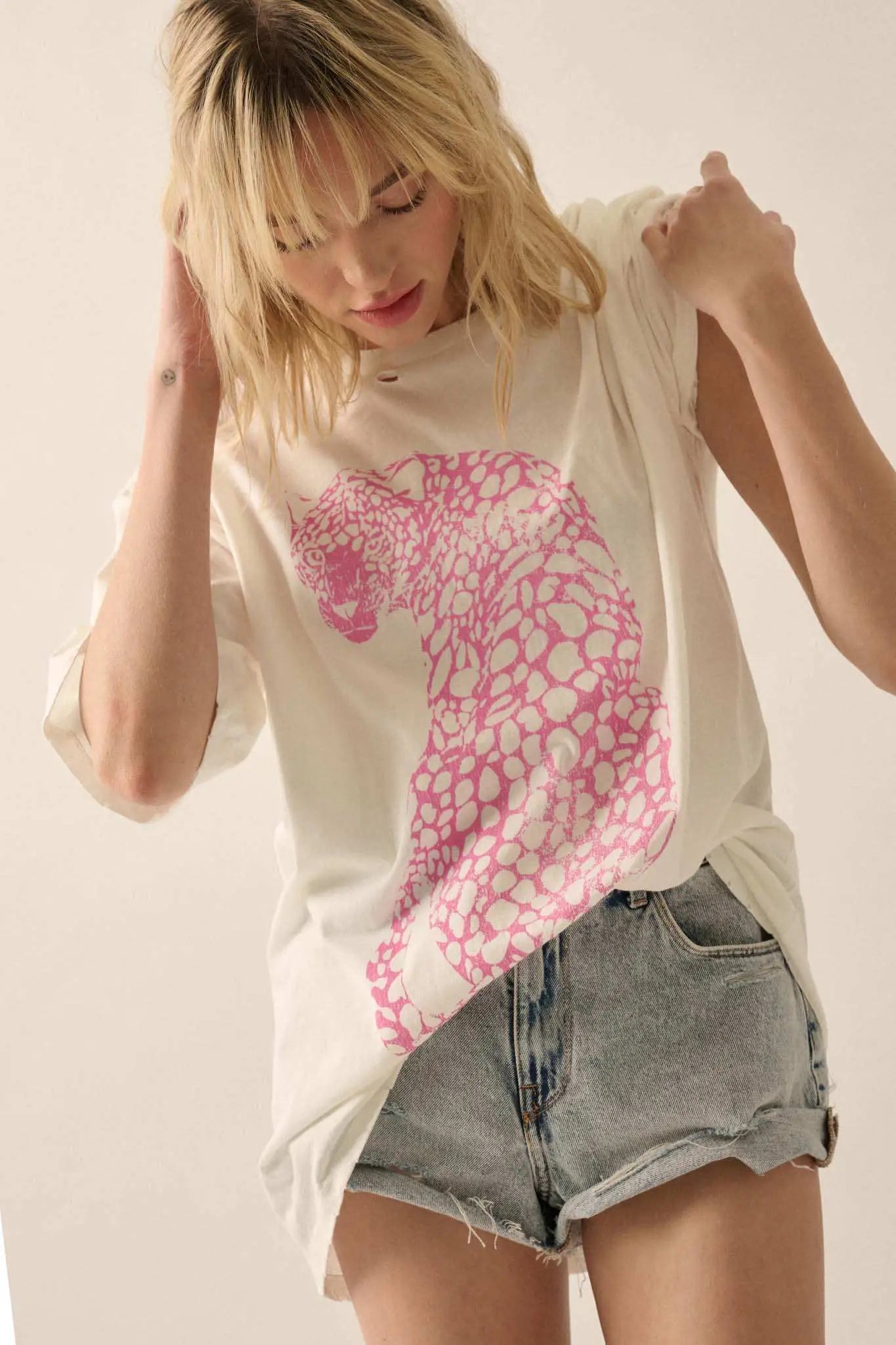 Pink Leopard Distressed Oversize Graphic Tee