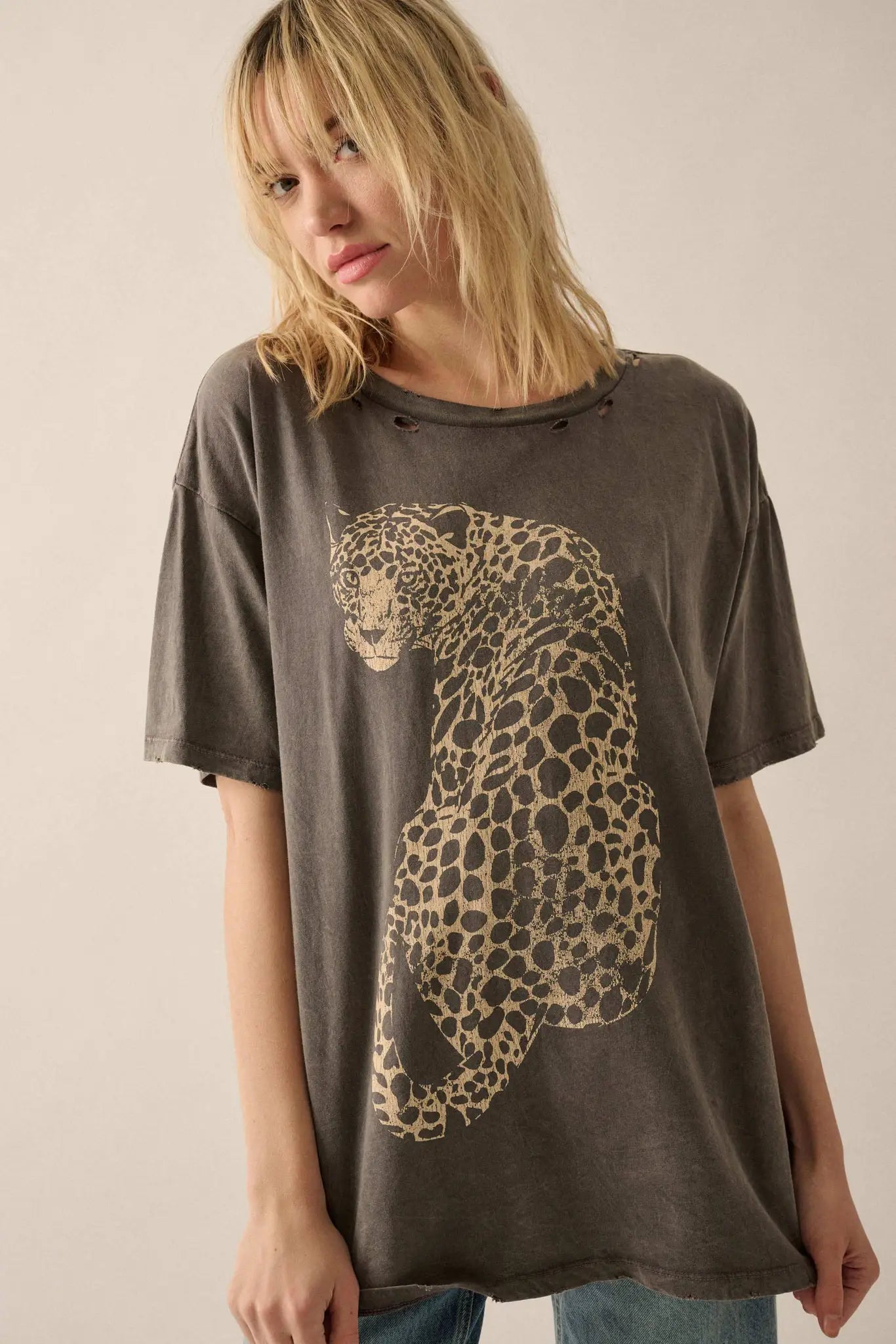 Lovely Leopard Distressed Oversize Graphic Tee