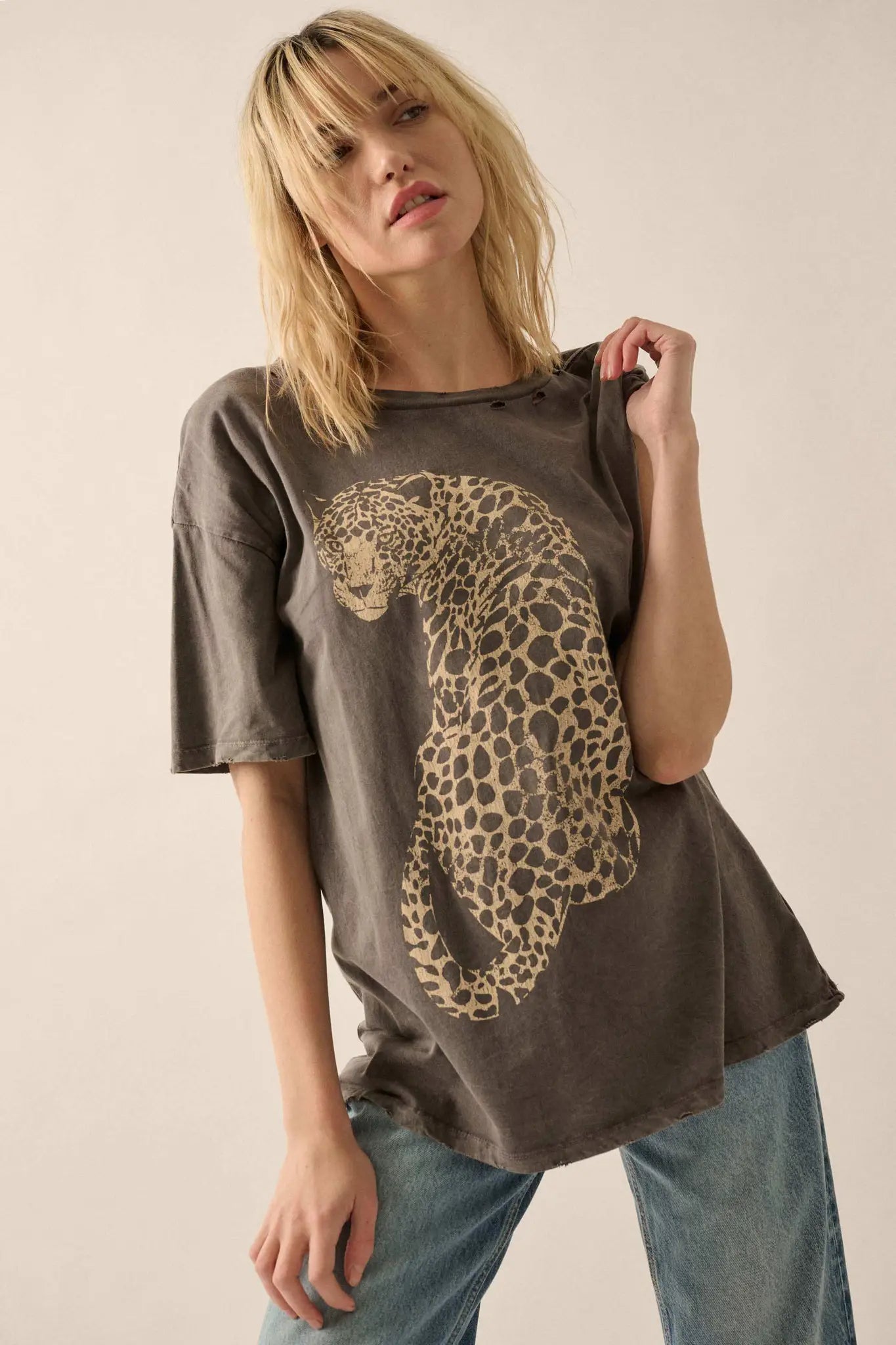 Lovely Leopard Distressed Oversize Graphic Tee