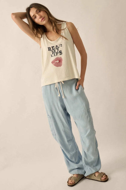 Read My Lips Raw-Edge Graphic Tank Top