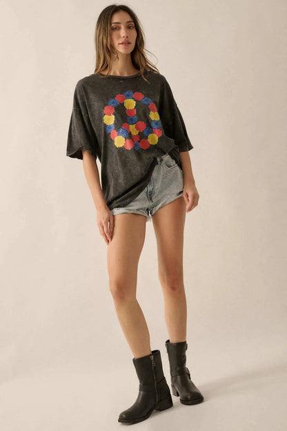 Peace Out Floral Peace Sign Distressed Graphic Tee