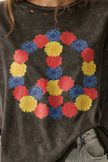Peace Out Floral Peace Sign Distressed Graphic Tee