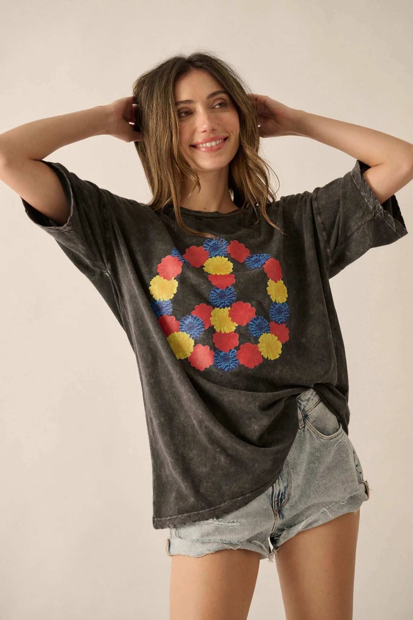 Peace Out Floral Peace Sign Distressed Graphic Tee