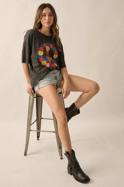Peace Out Floral Peace Sign Distressed Graphic Tee