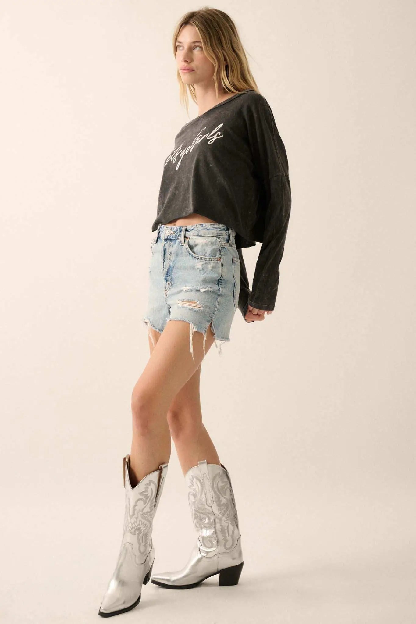 Let's Go Girls Cropped Long-Sleeve Foil Graphic Tee