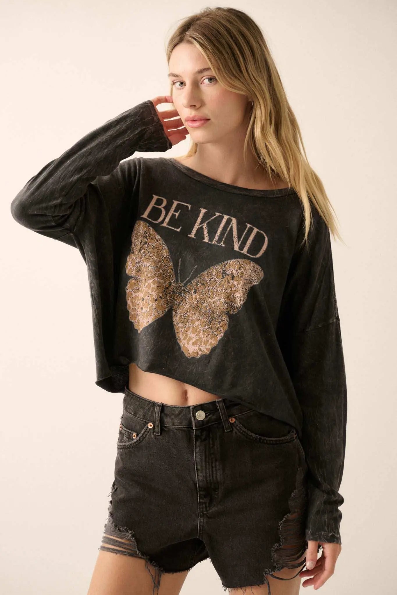 Be Kind Butterfly Cropped Long-Sleeve Graphic Tee