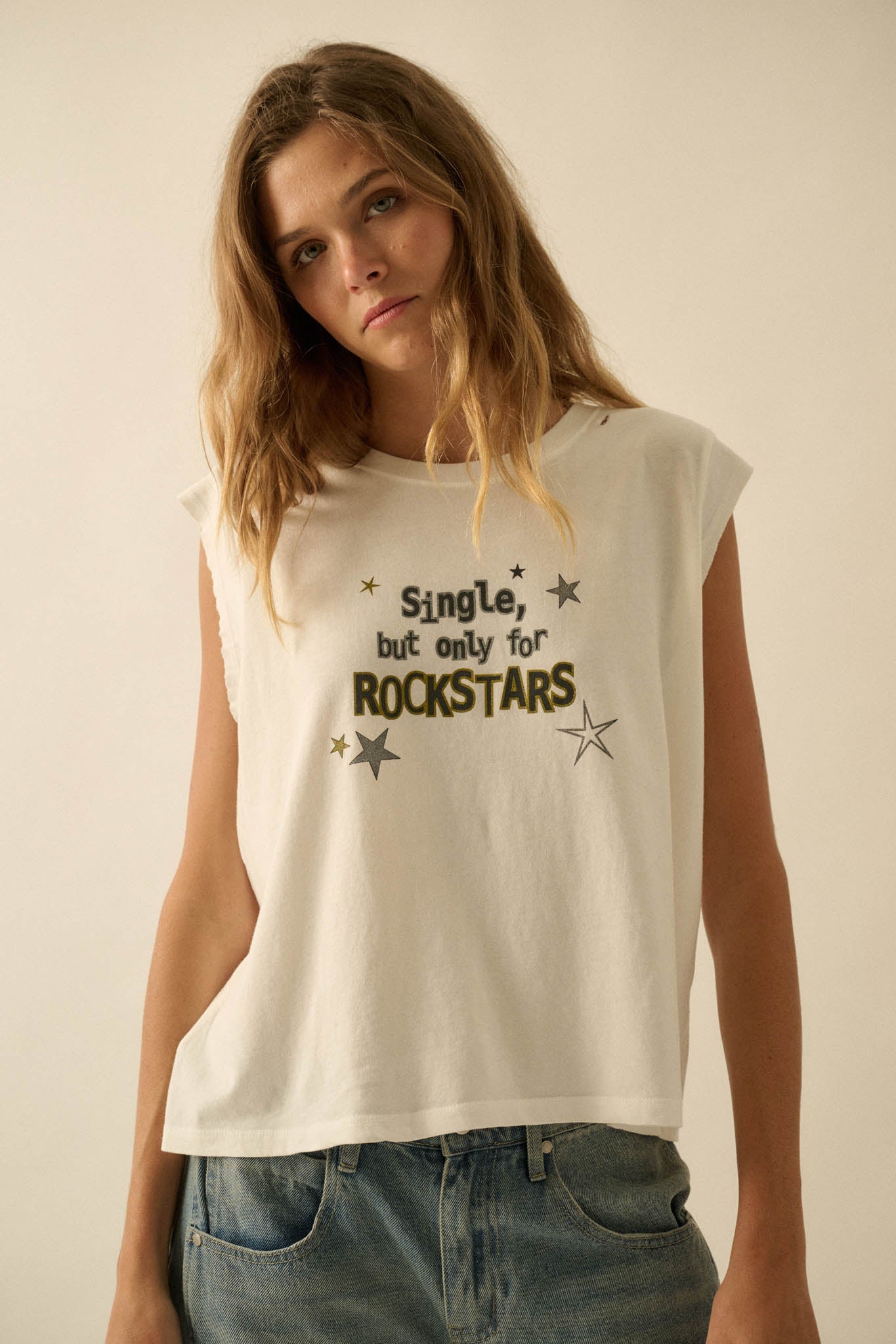 Rockstars Only Distressed Sleeveless Graphic Tee