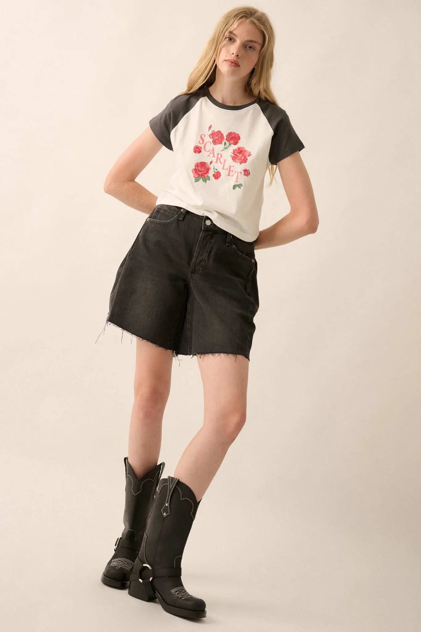 Scarlet Roses Cropped Raglan Graphic Baby Tee
