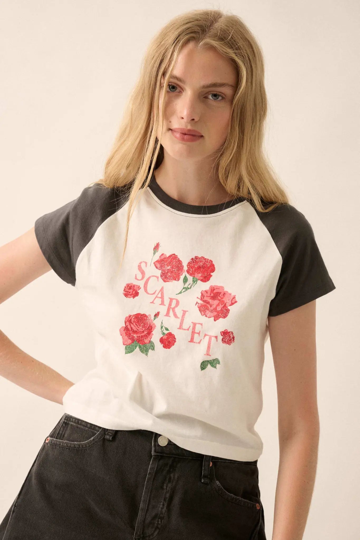 Scarlet Roses Cropped Raglan Graphic Baby Tee