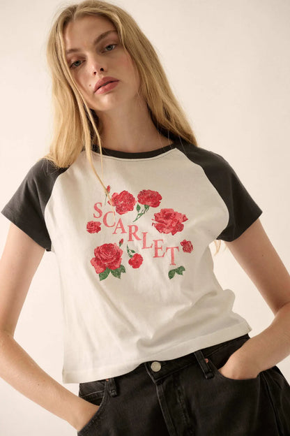 Scarlet Roses Cropped Raglan Graphic Baby Tee