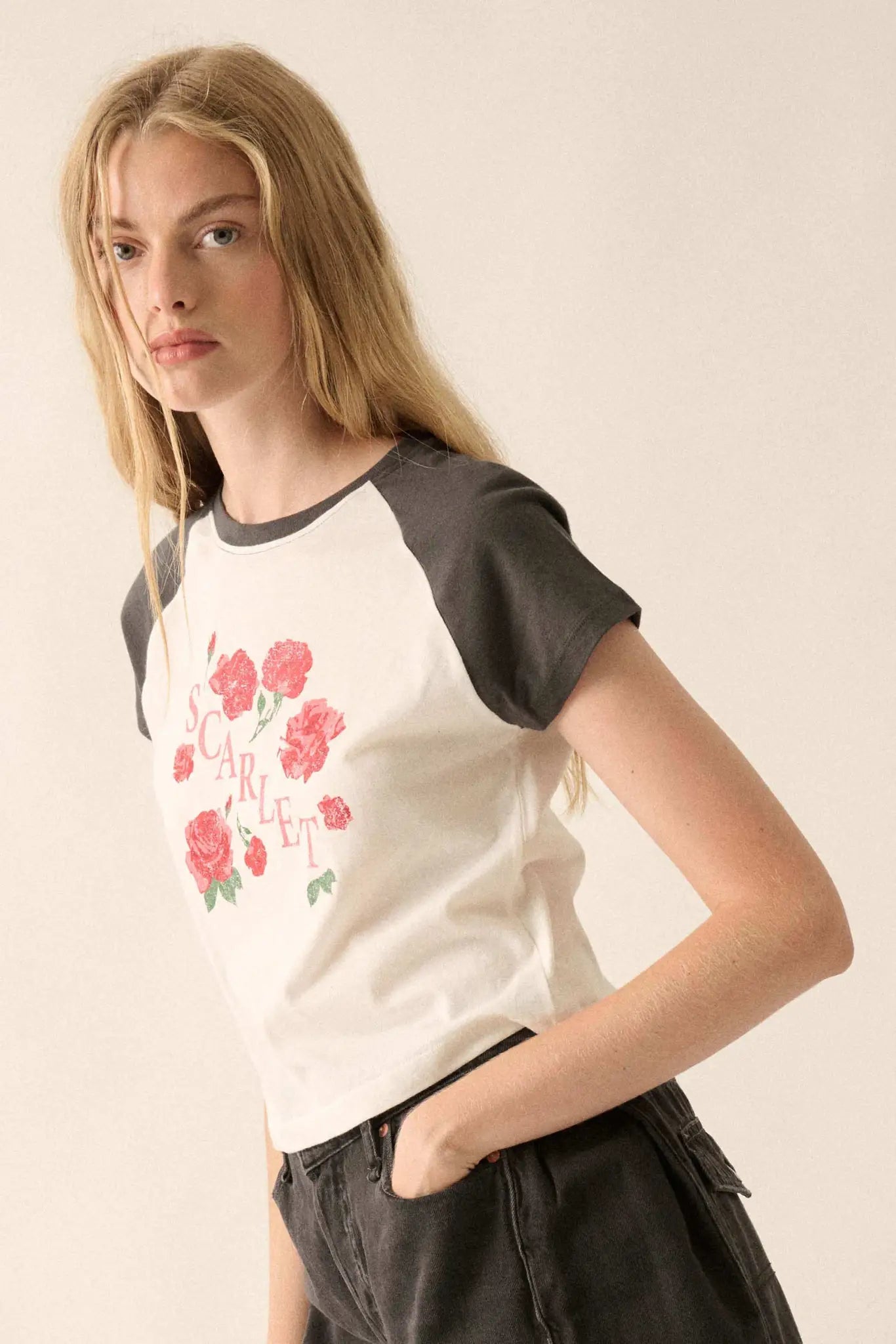 Scarlet Roses Cropped Raglan Graphic Baby Tee
