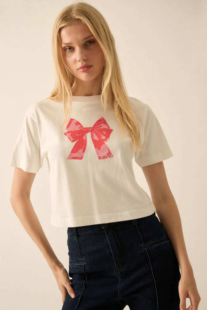 Present Time Cropped Vintage-Print Bow Graphic Tee
