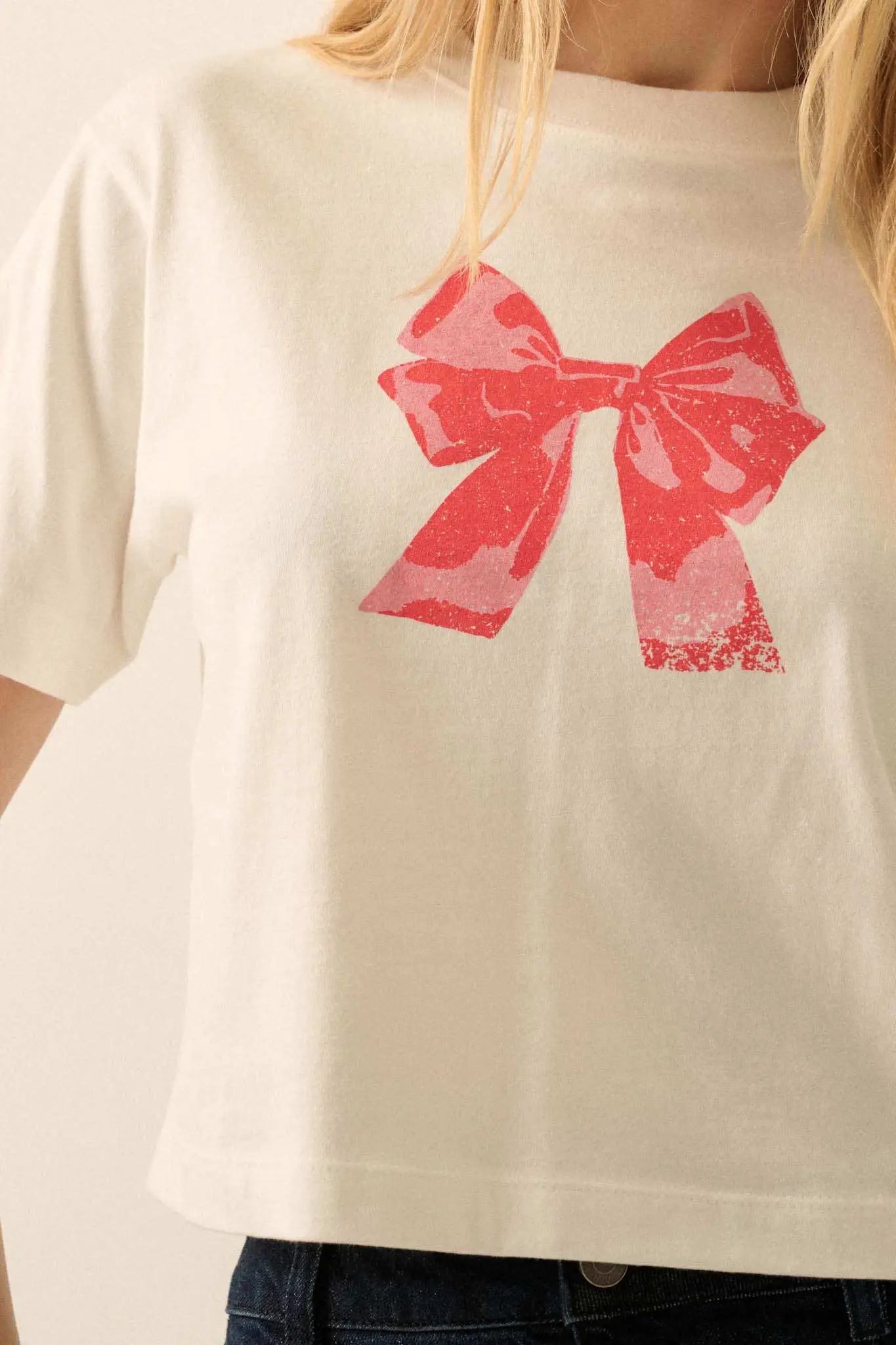 Present Time Cropped Vintage-Print Bow Graphic Tee