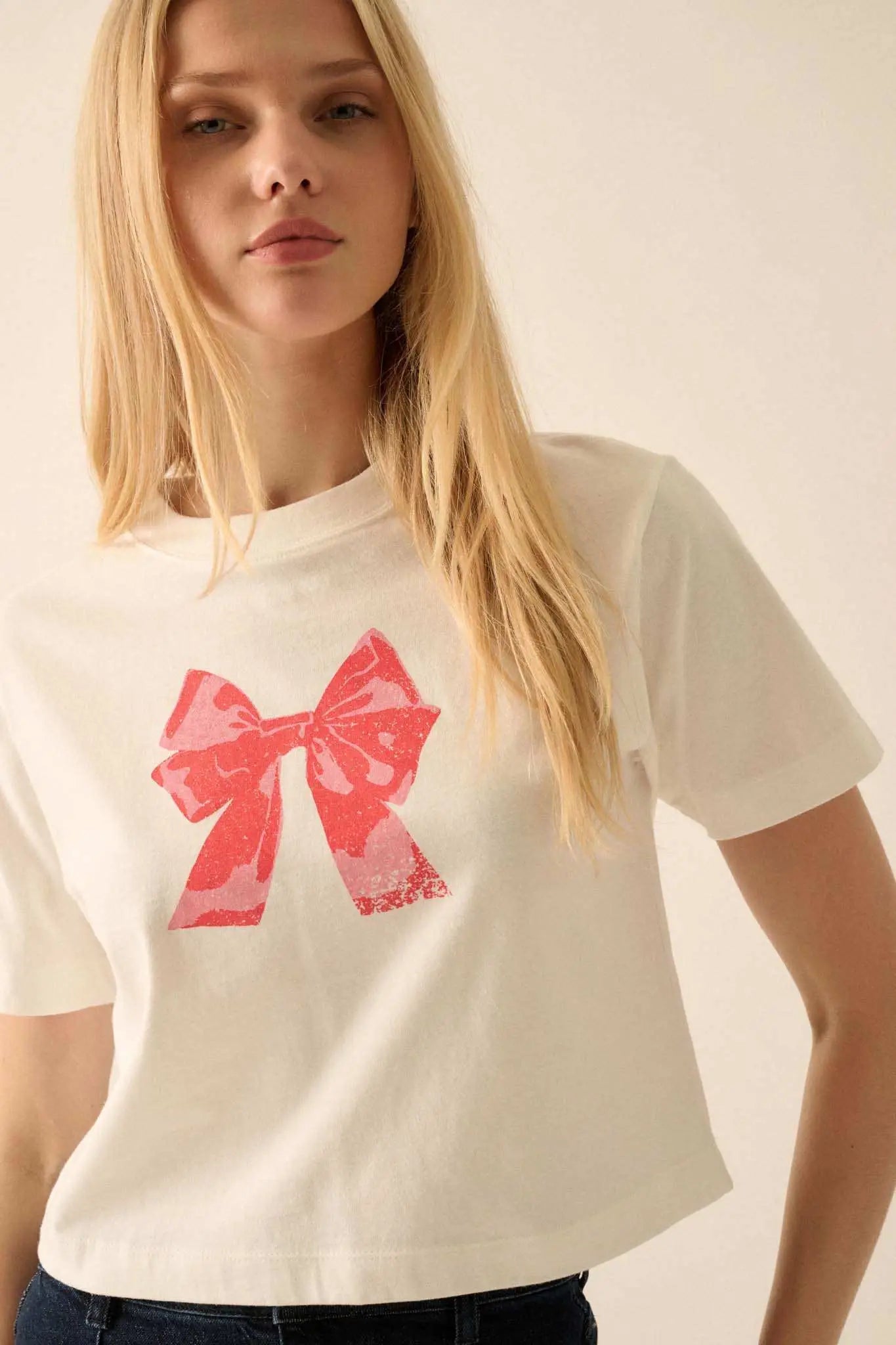 Present Time Cropped Vintage-Print Bow Graphic Tee