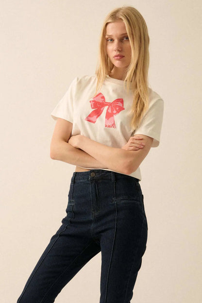 Present Time Cropped Vintage-Print Bow Graphic Tee