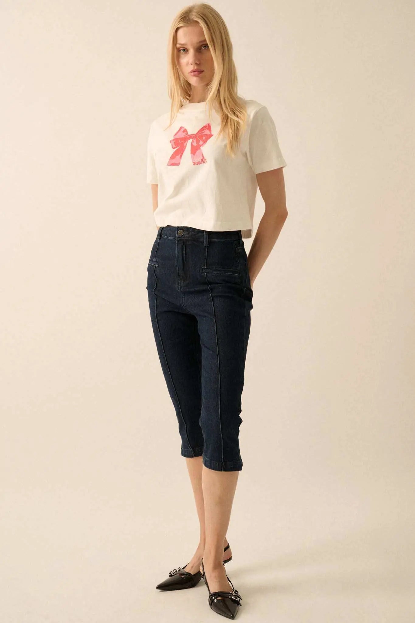 Present Time Cropped Vintage-Print Bow Graphic Tee